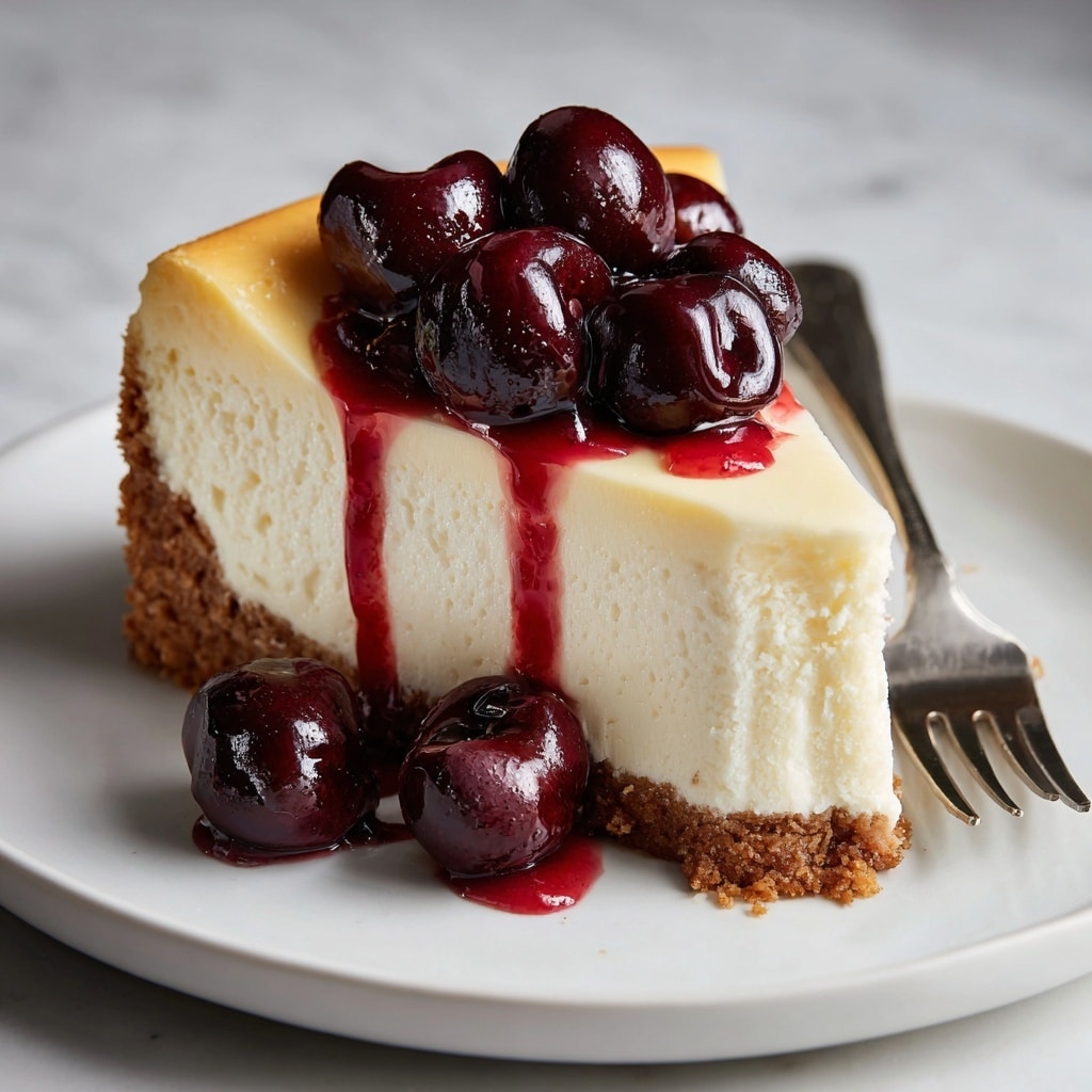 A slice of cheesecake sits on a white plate on a white marbled surface, showing three layers: a bottom thin light brown crumbly crust, a thick creamy off-white cheesecake layer with a smooth texture, and a thin flat pale yellow top layer. On top of the cheesecake, several dark red cherries glisten with a shiny syrup that drips slightly down the sides in bright red streams. A silver fork rests on the plate near the cheesecake. Photo taken with an iphone --ar 4:5 --v 7