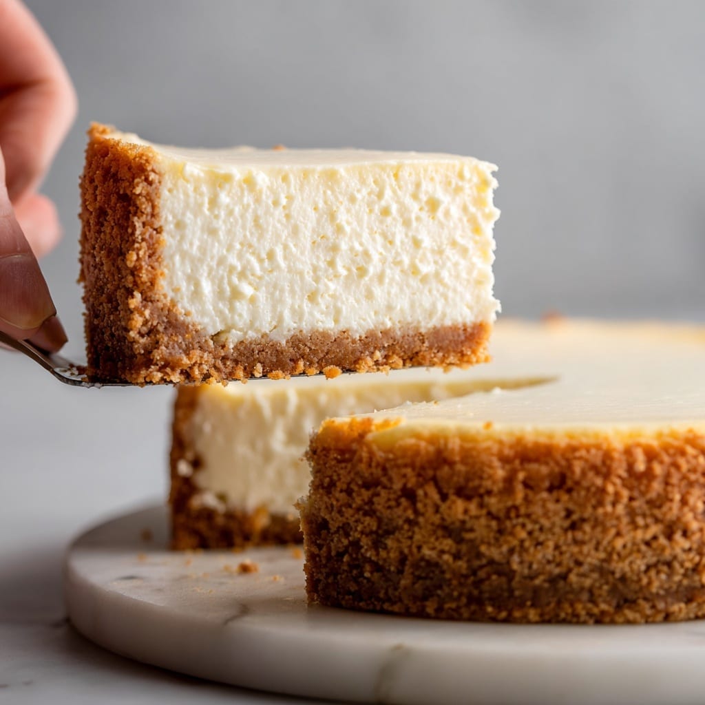 A close-up view of a slice of cheesecake being lifted, showing two main layers: the top thick, smooth, pale cream layer with a soft texture and the bottom golden brown crumbly crust layer. The cheesecake slice is held above a white marbled surface, with the rest of the cheesecake visible blurred in the background. The smooth top contrasts with the rough texture of the crust under it. Photo taken with an iphone --ar 4:5 --v 7