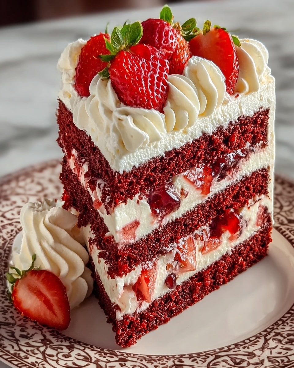 A tall slice of layered strawberry cake sits on a white plate with a decorative brown pattern. The cake has four layers of dark red sponge, interspersed with thick white cream and juicy red strawberry pieces that glisten with syrup. The top layer is covered with swirls of white whipped cream, and several sliced strawberries with green leaves rest on the whipped cream as a fresh garnish. The texture of the cake looks moist and soft, contrasting with the smoothness of the cream and the shiny strawberries. The cake is placed on a white marbled surface. Photo taken with an iphone --ar 4:5 --v 7