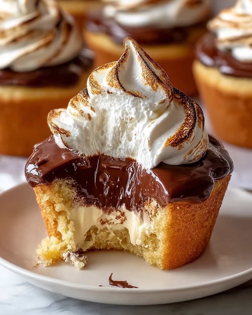 A close-up of a single cupcake with three visible layers on a white plate set on a white marbled surface; the base layer is a light golden brown cupcake with a soft texture, the middle layer is a thick, creamy white frosting that is visible due to a bite taken out of the cupcake, and the top layer is a smooth, glossy dark chocolate ganache that slightly drips over the sides; on top of the ganache is a generous swirl of white whipped cream with brown toasted edges adding texture and contrast; in the background, more identical cupcakes are softly blurred. photo taken with an iphone --ar 4:5 --v 7