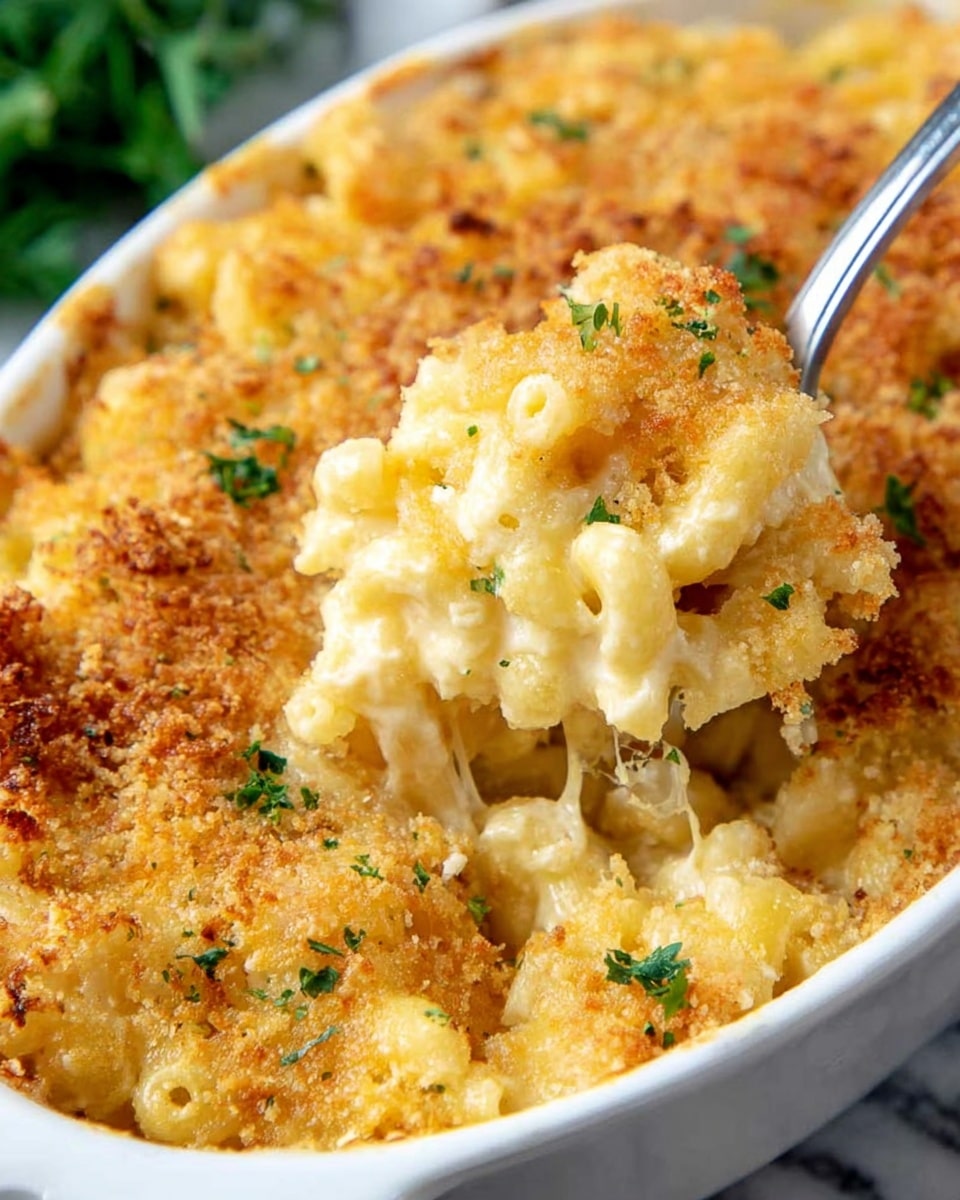 A close-up view of a white rectangular baking dish filled with macaroni and cheese. The top layer is a golden brown, crispy breadcrumb crust, evenly browned with small crunchy spots. Below the crust, there is a thick layer of creamy, cheesy sauce coating classic elbow macaroni, which is pale yellow with a smooth and rich texture. A silver spoon is lifting a scoop of the macaroni and cheese, showing soft, cheesy pasta with a bubbly, gooey sauce underneath the crispy top. The dish is placed on a wooden base, with a white marbled surface around it. photo taken with an iphone --ar 4:5 --v 7