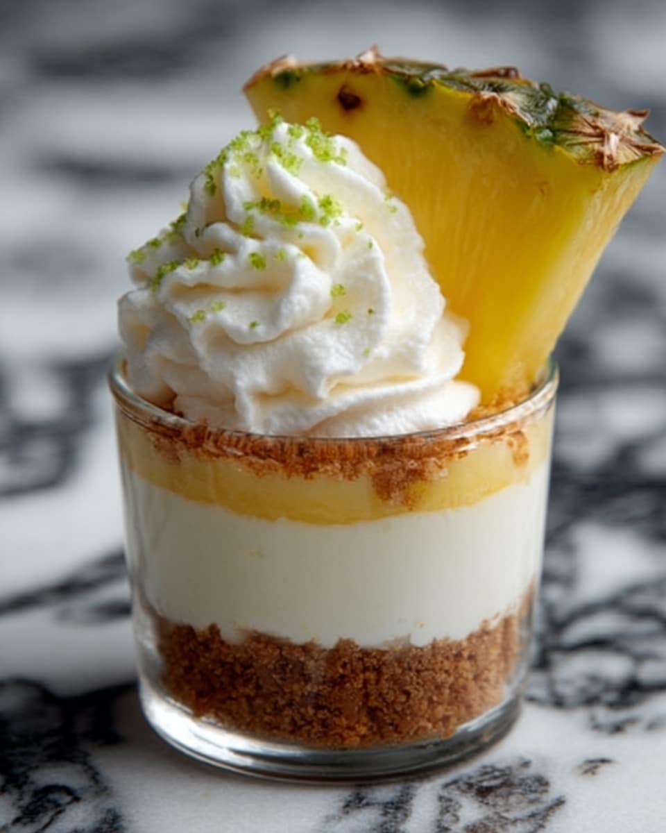 A small clear glass filled with three distinct layers: the bottom layer is a brown crumbly crust, the middle layer is a smooth white creamy filling, and the top layer is a thick swirl of white whipped cream. On top of the whipped cream, there is a triangular yellow pineapple slice with green topping edges. The glass is placed on a white marbled surface with dark and light gray veins. photo taken with an iphone --ar 4:5 --v 7