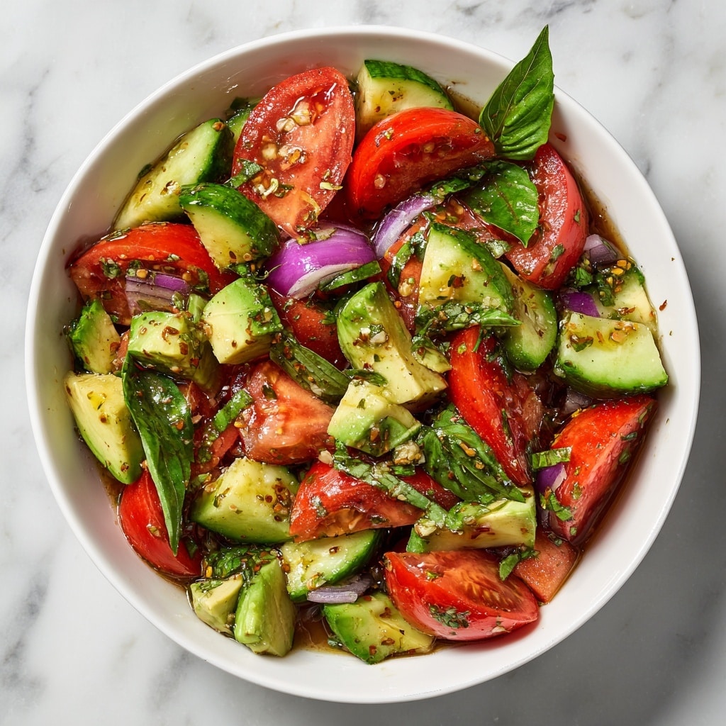 A fresh salad is shown in a round white plate on a white marbled surface, consisting of thick slices of red tomatoes and bright green cucumber slices with dark green skin, both mixed with chunks of light green avocado. Small pieces of purple onion are scattered evenly over the salad, along with tiny bits of green herbs and a light dressing that makes the ingredients look shiny and fresh. The colors are vibrant, and the textures range from the smooth avocado to the firm cucumber and juicy tomato. photo taken with an iphone --ar 4:5 --v 7