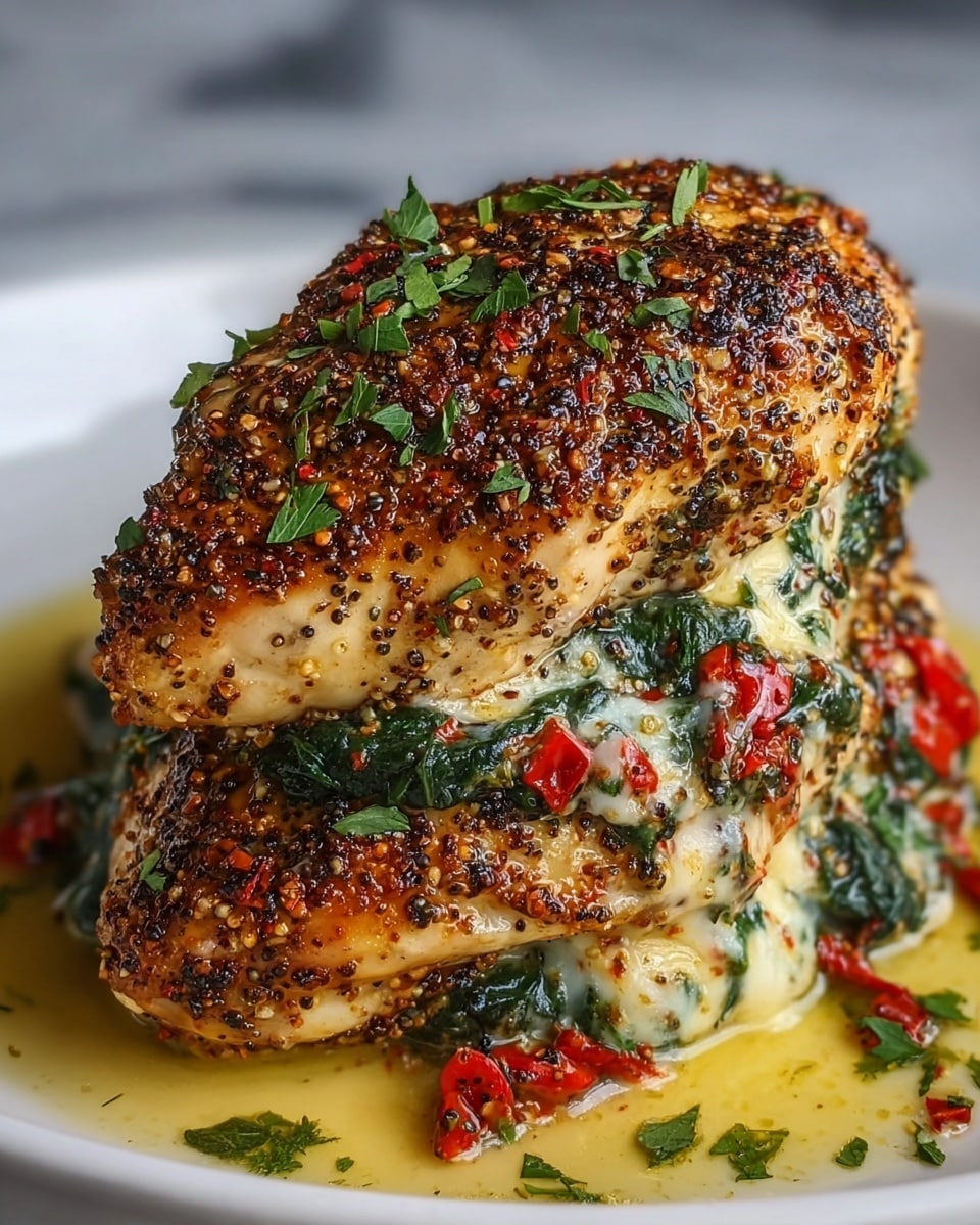 Two thick chicken breasts are stacked on a white plate. Each chicken piece has a golden-brown, crisp seasoning layer with visible coarse spices and small green herb bits. Between the two layers of chicken, there is a creamy, melted white cheese layer mixed with cooked dark green spinach and small pieces of red bell pepper. Around the base of the chicken, a light yellow oily sauce pools, dotted with herbs. Fresh parsley leaves are scattered on the top and around the plate. The background is a white marbled texture. photo taken with an iphone --ar 4:5 --v 7