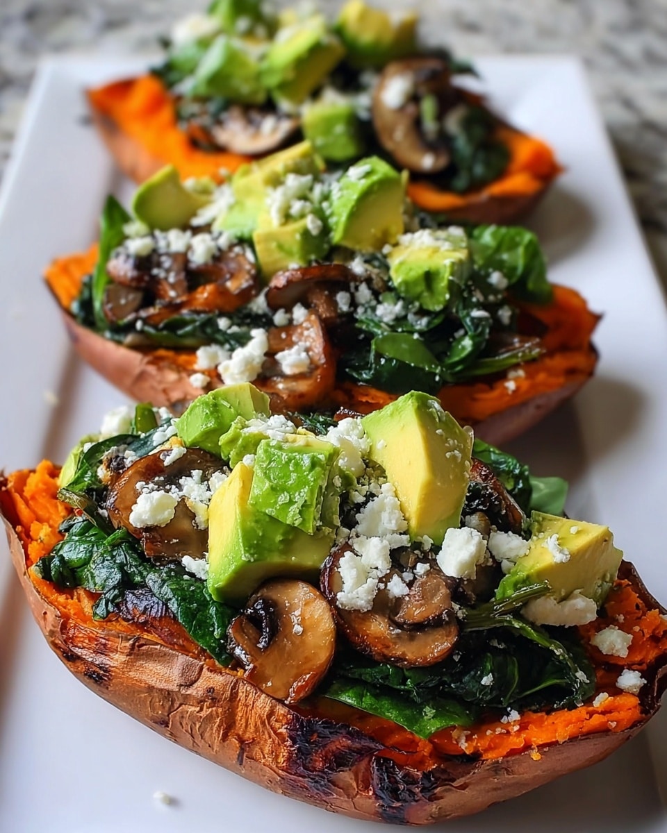The dish shows four stuffed sweet potato halves arranged in a row on a long white plate, placed on a white marbled surface. Each sweet potato half forms the base layer, with its bright orange soft inside and rough brown skin around the edges. On top, there is a layer of cooked dark green spinach leaves mixed with golden-brown sautéed mushroom slices. Scattered over this are chunks of pale green avocado, adding fresh texture, and small white crumbles of cheese, which create a creamy contrast. The focus is on the front sweet potato, showing the rich colors and textures clearly, with the other three slightly blurred in the background. Photo taken with an iphone --ar 4:5 --v 7