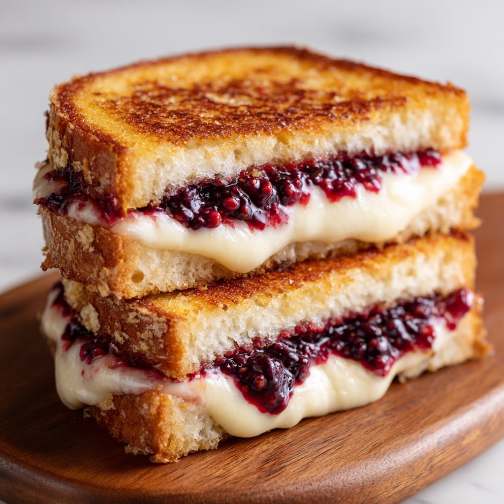 A close-up view of a grilled cheese sandwich cut diagonally into two stacked halves on a wooden board. The sandwich has two layers of golden-brown toasted bread with a crispy, slightly uneven texture on the outside. Between the bread layers, there is a thick layer of melted, creamy white cheese on the bottom and a layer of rich, dark purple blackberry jam with visible berry chunks on top. The glossy jam oozes slightly, adding a vibrant contrast to the smooth cheese. The white marbled texture background adds a clean look to the photo taken with an iphone --ar 4:5 --v 7