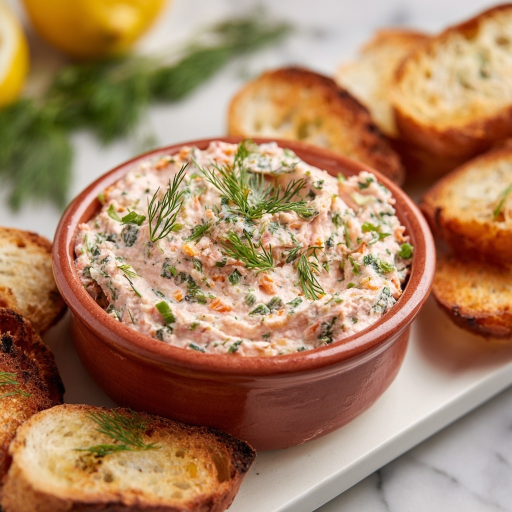 A round terracotta bowl filled with a creamy pink spread mixed with green herb pieces and small bits of orange, topped with small sprigs of fresh dill. The bowl is placed on a white rectangular tray that holds several slices of golden-brown toasted bread with a crunchy texture. The background shows some green herbs and part of a lemon, all resting on a white marbled surface. Photo taken with an iphone --ar 4:5 --v 7