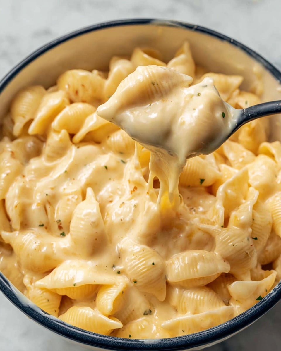 A close-up view of a creamy pasta dish served in a white bowl with a dark rim. The dish has one visible layer of small shell-shaped pasta coated in a thick, smooth, pale yellow cheese sauce with a slightly glossy texture. The cheese sauce appears rich and creamy, covering every piece of pasta fully. A black spoon is partially lifted out of the bowl, showing the pasta and sauce dripping off it. The background features a white marbled surface. photo taken with an iphone --ar 4:5 --v 7