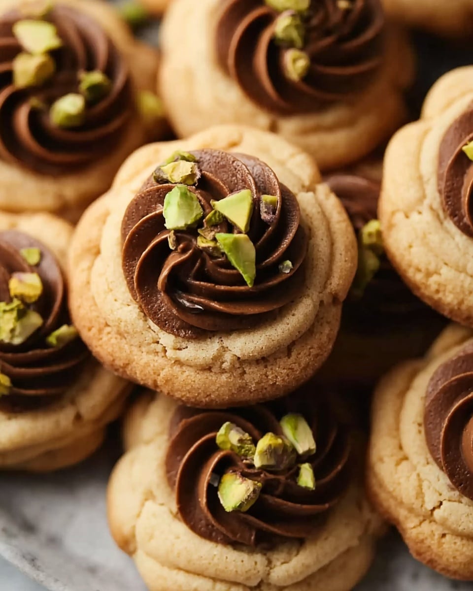 The image shows a close-up of several round cookies with a light brown, crumbly texture, each topped with a swirl of darker brown chocolate cream in the center. The cookies have a ridged pattern on the top created by the swirl, and small pieces of chopped nuts are sprinkled on top of the chocolate. They are arranged closely together on a round white plate with a black wire grid design beneath it, all set against a white marbled surface. The overall look is a neat, inviting arrangement of small, textured cookies with a rich topping. photo taken with an iphone --ar 4:5 --v 7