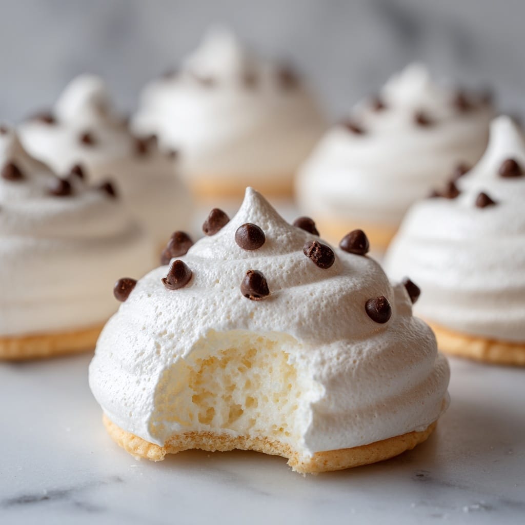 The image shows a close-up of white meringue cookies with a smooth, glossy surface shaped into soft peaks. Each cookie has a light, crunchy texture with small dark chocolate chips scattered on the top and within the meringue. The bottom layer is a light golden, slightly crumbly base, giving a clear contrast to the bright white upper part. The meringues are arranged on a flat white marbled surface, creating a simple, clean background. One meringue in the foreground has a bite taken out, showing the airy, delicate inside and chocolate pieces embedded in it. Photo taken with an iphone --ar 4:5 --v 7