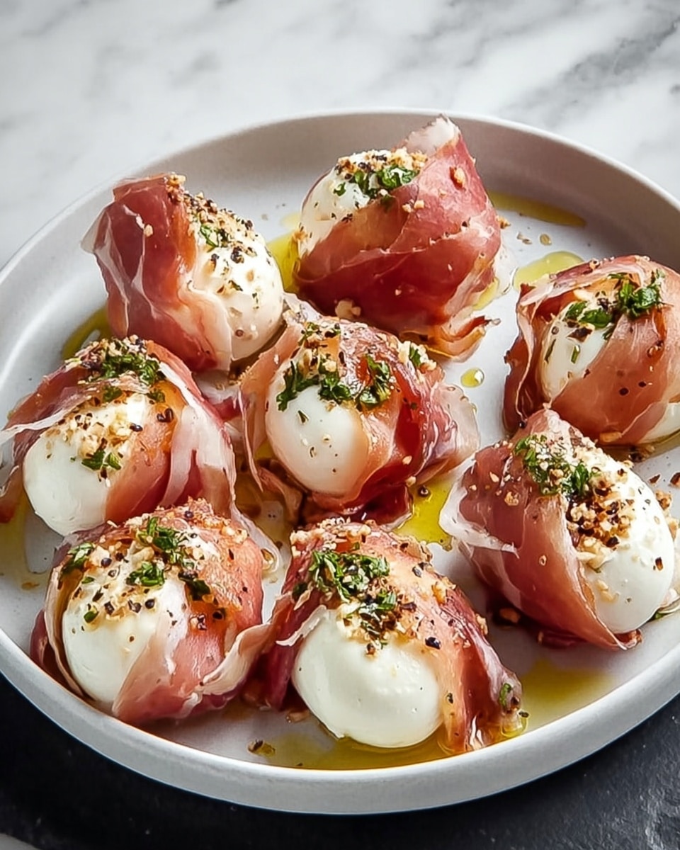 The dish shows eight pieces of white soft cheese balls tightly wrapped in thin, translucent slices of pinkish-brown prosciutto, each piece topped with a small drizzle of golden olive oil and sprinkled with green herbs and a bit of crushed pepper. They are neatly placed on a round white plate with a smooth surface, and the plate rests on a white marbled textured background. The cheese looks creamy and smooth under the thin layers of cured meat, creating a mix of soft textures with a slight shine from the oil. photo taken with an iphone --ar 4:5 --v 7