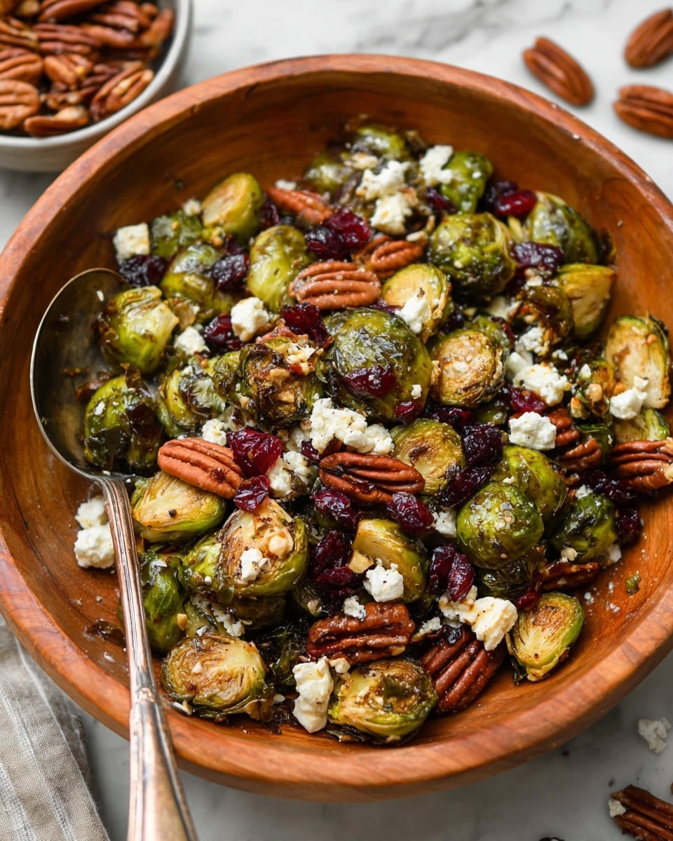 A large wooden bowl full of roasted Brussels sprouts, some whole and some halved, showing a mix of bright green outer leaves and golden brown roasted edges. Scattered throughout are dark red dried cranberries, medium brown pecan halves, and small white chunks of soft cheese. The bowl sits on a white marbled background, with more pecans in a white bowl and a glass jar behind it. A metal spoon with some Brussels sprouts rests inside the bowl. Photo taken with an iphone --ar 4:5 --v 7