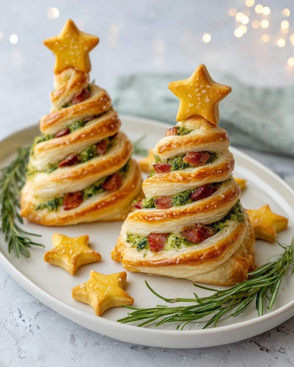 The image shows two puff pastry shaped like small Christmas trees, each with about five visible layers of light golden-brown dough. Between the layers are green pesto and red bits of sun-dried tomato, giving contrast in color and texture. Each tree is topped with a bright yellow star-shaped pastry piece, placed at the narrow peak. Around the trees on the white plate are several more yellow star-shaped pieces scattered for decoration. The plate sits on a white marbled surface, with some green rosemary sprigs in the background adding a natural touch. photo taken with an iphone --ar 4:5 --v 7