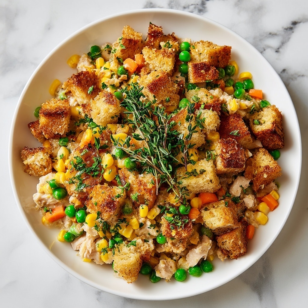 The dish is a thick casserole served in a white rectangular dish, filled with chunky golden-brown toasted bread pieces all over the top. Beneath the crispy bread layer are mixed vegetables like bright orange carrots, yellow corn kernels, and green peas scattered throughout. There are also bits of shredded white chicken meat blended inside a creamy, slightly lumpy sauce that binds everything together. Small chopped herbs are sprinkled evenly on top, with a single fresh green sprig placed in the center for garnish. The dish is rich in textures from the crunchy top to the soft inner filling, all placed on a white marbled surface. photo taken with an iphone --ar 4:5 --v 7