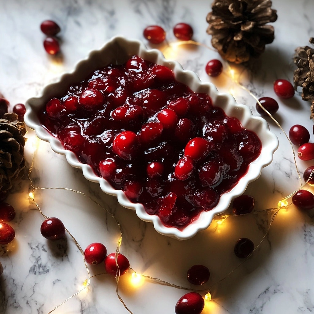 A white dish with scalloped edges holds a deep red, glossy cranberry sauce filled with whole and crushed cranberries, creating a textured, juicy surface. The dish sits on a white marbled table surrounded by fresh cranberries and small pine cones, with warm yellow fairy lights adding a soft glow around it. The background is simple, highlighting the rich color and shine of the cranberry sauce, with the natural red of the cranberries contrasting against the white dish and surface. photo taken with an iphone --ar 4:5 --v 7