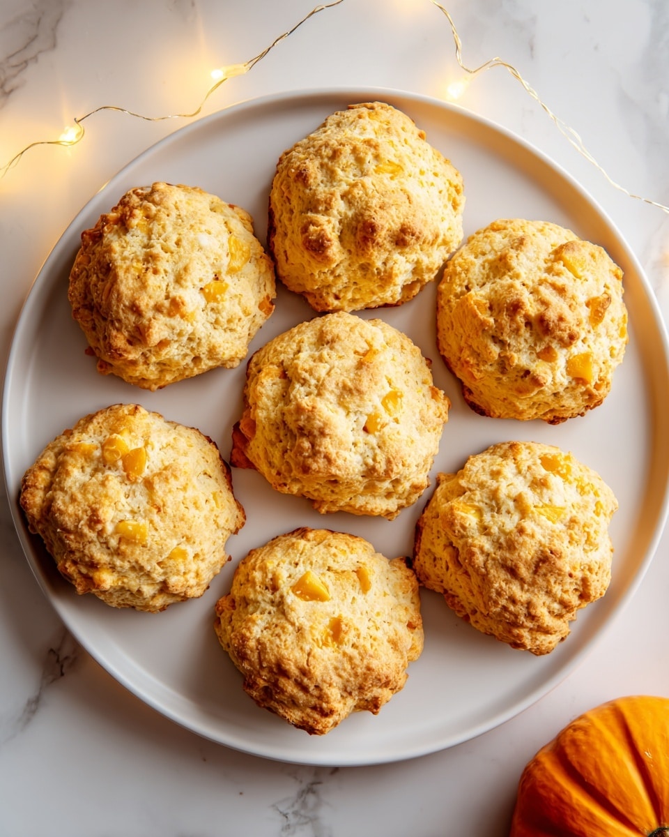 A round, white plate holds eight golden-brown biscuits arranged in a circular pattern with one in the center. Each biscuit has a rough, crumbly texture with small patches of a slightly darker golden color, and visible bits of yellow corn or cheese scattered throughout. The plate sits on a white marbled surface, softly lit by warm fairy lights that add a cozy glow. A small orange pumpkin is partially visible at the bottom right corner, adding a touch of autumnal color. Photo taken with an iphone --ar 4:5 --v 7
