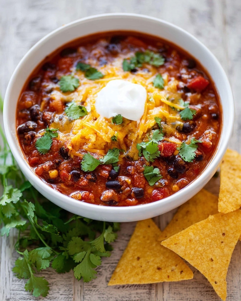 A white bowl filled with a rich, chunky chili showing layers of dark red kidney beans, bright yellow corn, and light brown cooked ground meat mixed into a thick, deep red tomato sauce. On top, a generous white dollop of sour cream sits in the center, surrounded by melted yellow-orange shredded cheese and fresh green cilantro leaves scattered across the surface. A crispy tortilla chip stands tucked into the right side of the bowl, adding texture and contrast. The background features a white marbled surface. Photo taken with an iphone --ar 4:5 --v 7