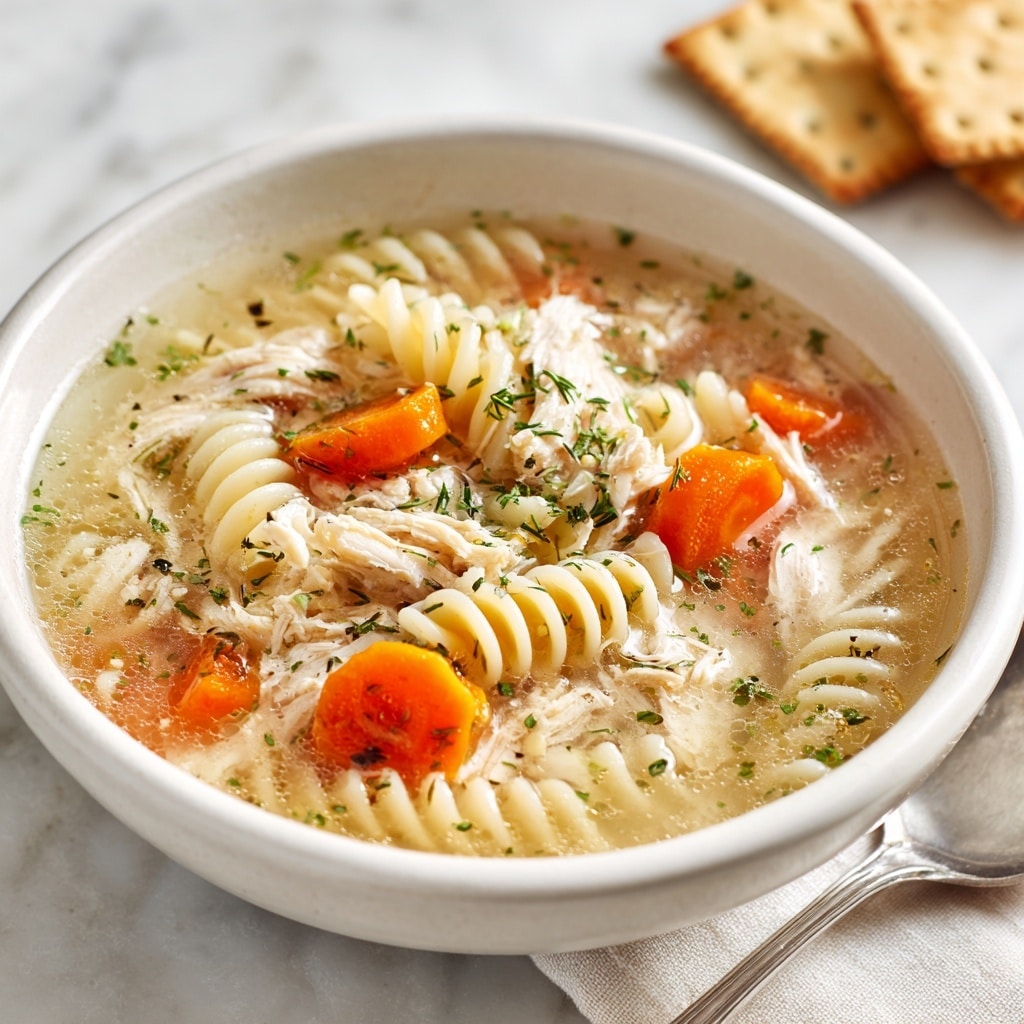 A white bowl filled with clear chicken broth soup that has three main visible layers: the bottom layer is the light transparent broth with specks of herbs, the middle layer consists of white spiral rotini pasta scattered evenly, and the top layer shows orange, round carrot slices and shredded light beige chicken pieces floating on the surface. The bowl sits on a white marbled surface with a silver utensil nearby and a cracker partially visible in the background. photo taken with an iphone --ar 4:5 --v 7