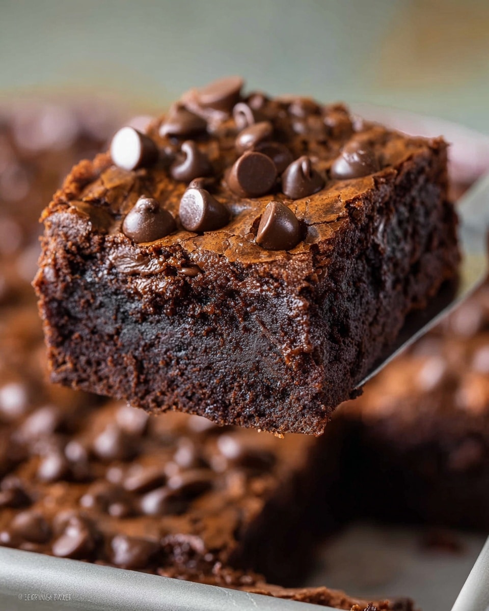 A close-up view of a golden baking tray filled with nine square brownies, each topped generously with smooth, shiny dark chocolate chips scattered unevenly across the surface. The brownies have a cracked, slightly glossy texture on top with a rich, dark brown color showing the moist and dense chocolate inside. The tray is placed on a red and white checked cloth, while the background is a white marbled texture. Photo taken with an iphone --ar 4:5 --v 7