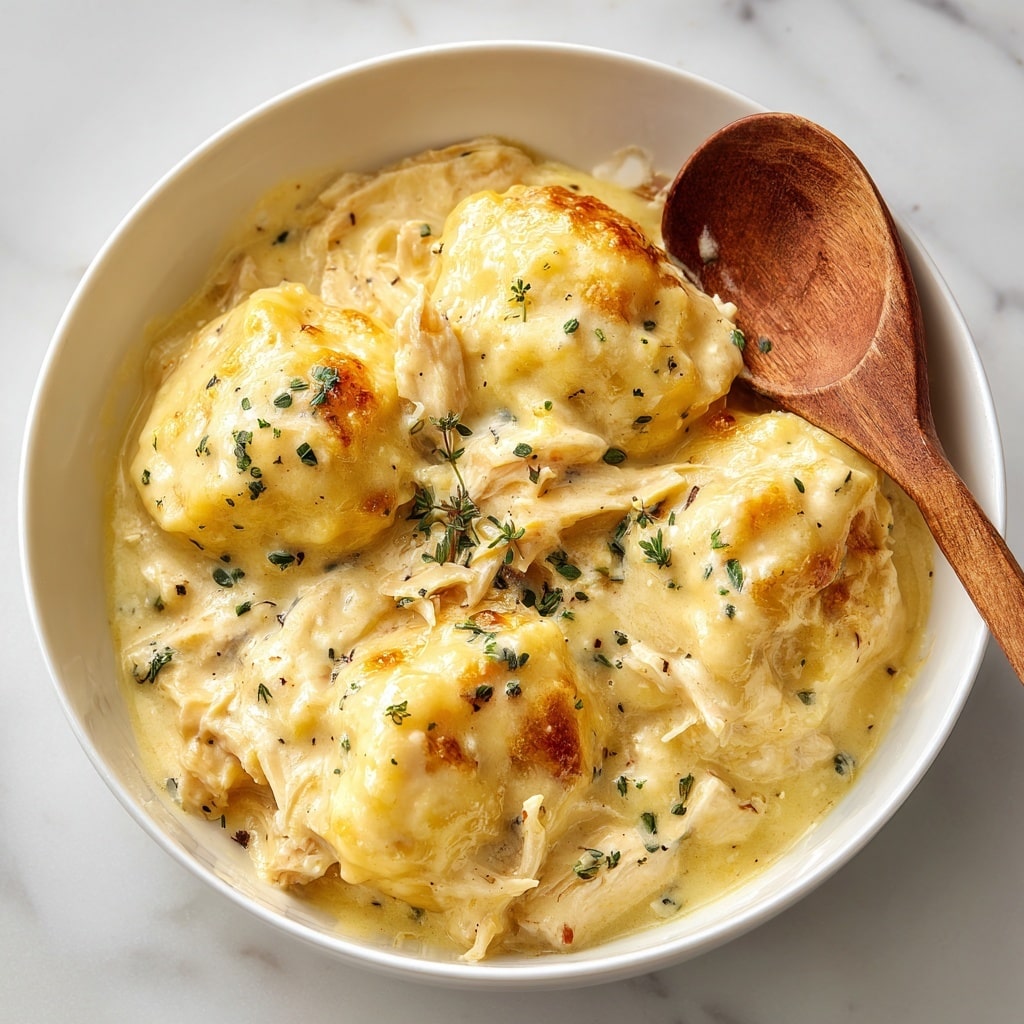 The image shows a close-up of a creamy chicken and dumplings dish in a white bowl. There are multiple layers visible: large, soft dumplings in a light golden color with a fluffy texture, shredded pieces of white chicken mixed evenly throughout, all covered in a thick, smooth yellowish creamy sauce. Small green herb bits are scattered on top adding a touch of color, and a wooden spoon rests on the side, partially dipped in the dish. The background is a white marbled texture. photo taken with an iphone --ar 4:5 --v 7