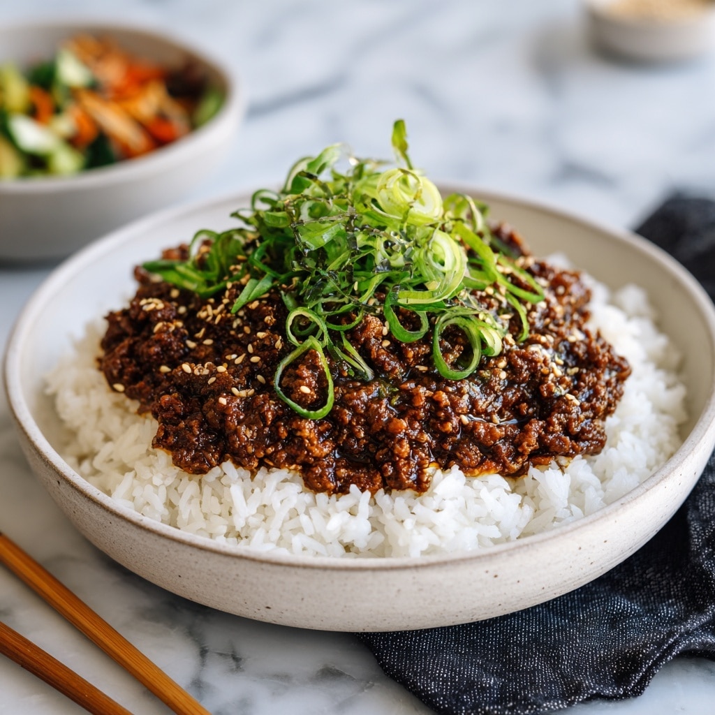 A round white bowl is filled with a base layer of fluffy white rice, topped with a thick layer of cooked minced meat covered in a dark brown sauce. On top of the meat, there is a sprinkle of bright green chopped scallions and light tan sesame seeds, adding a fresh and textured look. The bowl sits on a white marbled surface, with a pair of light-colored wooden chopsticks and a black cloth nearby, while a blurred smaller bowl of mixed vegetables is visible in the background. photo taken with an iphone --ar 4:5 --v 7