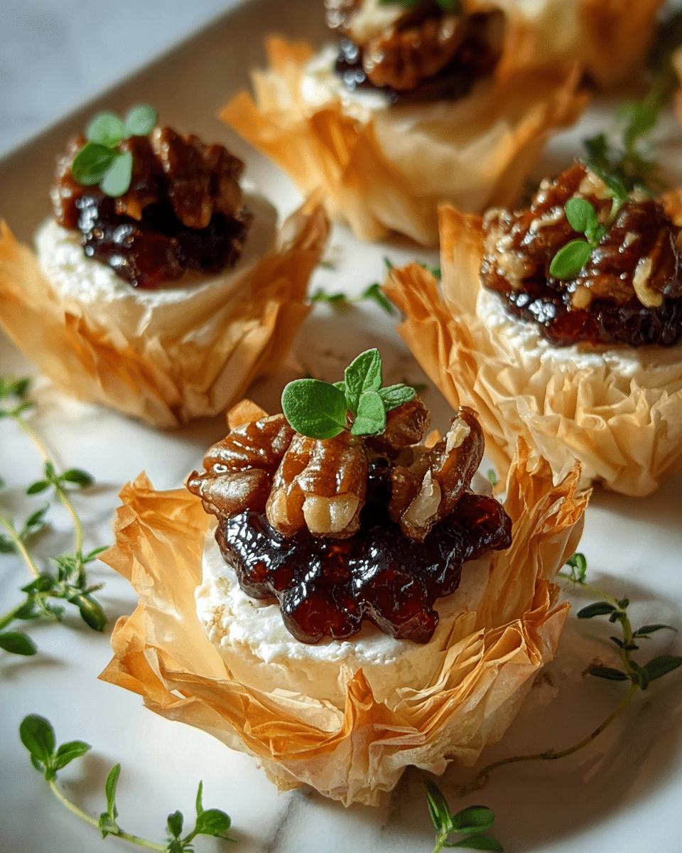 The image shows small pastry cups made from many thin, crispy layers of light golden brown filo dough, each shaped like a flower with ruffled edges. Inside each cup is a soft, creamy white filling, topped with glossy, dark red cranberry sauce and several rippled, shiny brown walnut pieces. Each pastry is garnished with a fresh sprig of green herb, likely thyme, adding a touch of color contrast. The pastries are arranged neatly on a white plate with a few scattered green herb sprigs around them, placed on a white marbled surface. Photo taken with an iphone --ar 4:5 --v 7