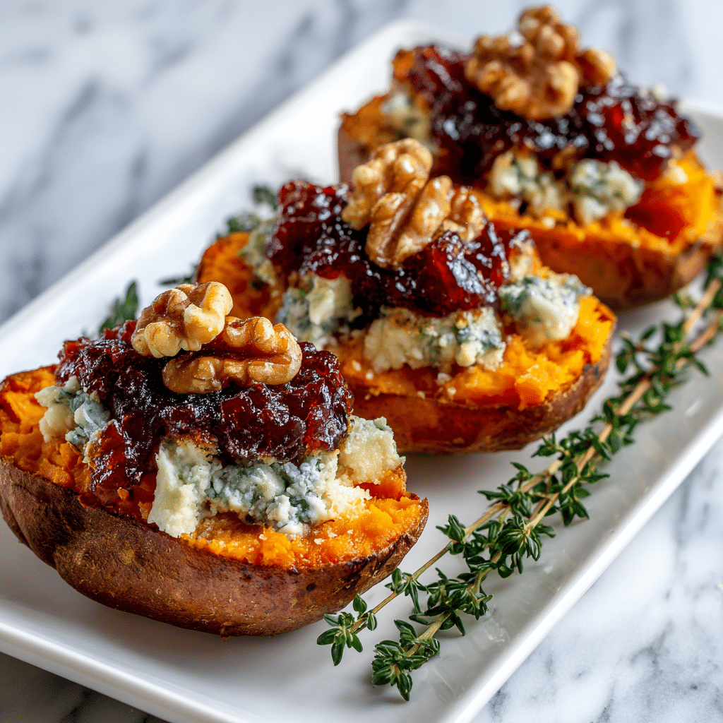 Three baked sweet potato halves are arranged on a white rectangular plate over a white marbled surface. Each sweet potato has four layers: the bottom layer is the rough, brown skin, next is the bright orange soft sweet potato flesh, then a crumbly layer of white and blue-veined blue cheese is spread on top, and finally, a deep red cranberry sauce is drizzled over the cheese, crowned with walnut halves. Small green thyme sprigs are placed around the plate for garnish. Photo taken with an iphone --ar 4:5 --v 7