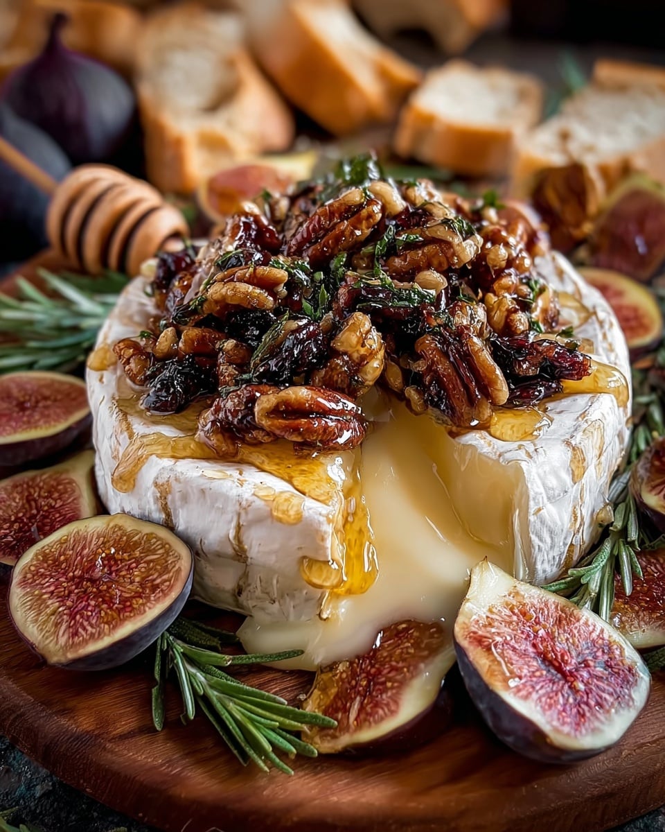 A round wheel of soft cheese with a white rind is placed on a wooden board, with the creamy inside oozing out from a cut section in the front. On top of the cheese is a thick layer of mixed nuts, including pecans and walnuts, along with halves of figs, dark dried fruit, and fresh green rosemary sprigs. Surrounding the cheese are more fig halves and pieces of torn bread, set against a white marbled texture surface. A honey dipper rests to the left side near the cheese adding a warm, sticky shine to the topping. photo taken with an iphone --ar 4:5 --v 7