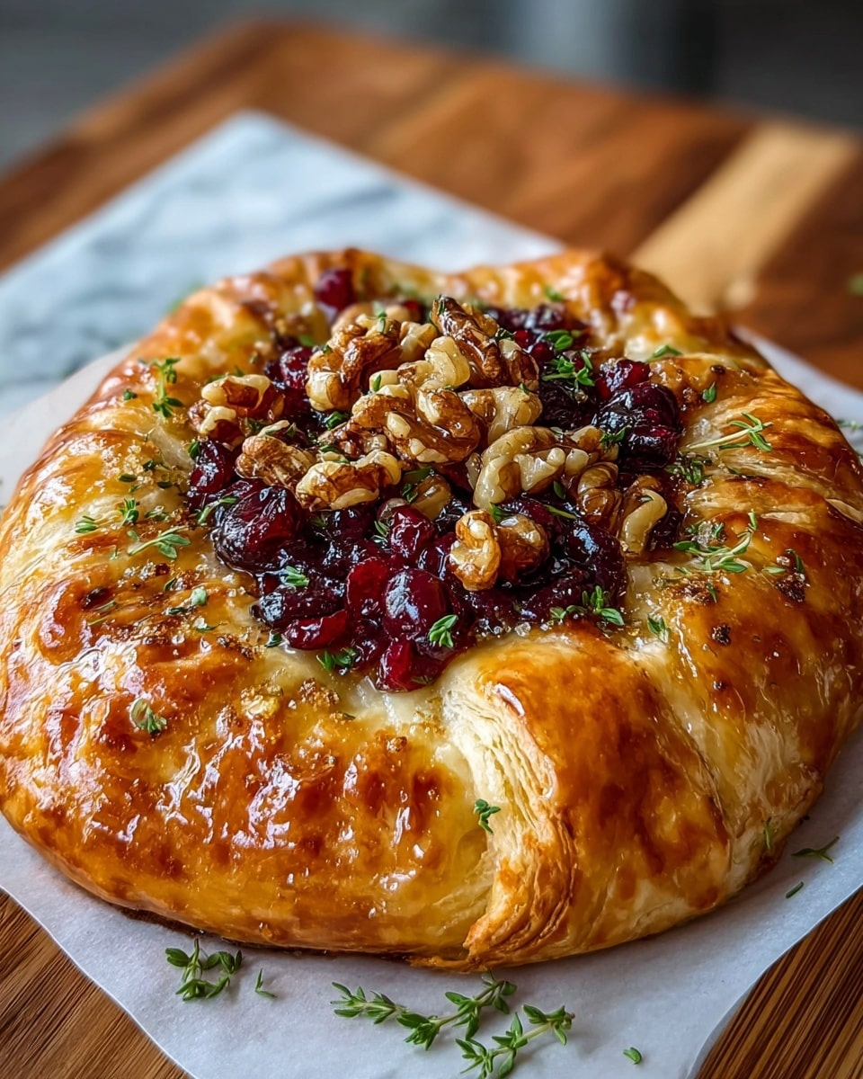 This image shows a round galette with three clear layers: the bottom layer is golden brown and flaky pastry with a shiny glaze, the middle layer is creamy white cheese visible through open folds of pastry, and the top layer has a mix of dark red cranberries, golden brown walnuts, and green thyme sprigs scattered over the center. The galette sits on white parchment paper on a wooden surface, with some syrup dripping around the edges. In the background, there is a white bowl of red cranberries and some green herbs blurred out. Photo taken with an iphone --ar 4:5 --v 7