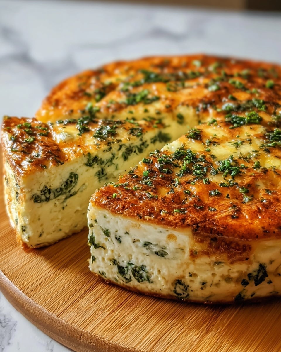 A thick, round slice of quiche with three visible layers sits on a wooden board over a white marbled surface. The bottom layer is a light golden crust with a firm texture. The middle layer is creamy white with specks of green herbs and spinach. The top layer is an orange-golden baked egg layer sprinkled with dark green herbs and black pepper, slightly browned and glossy. A wedge is cut out, showing the smooth, soft inside layers clearly. photo taken with an iphone --ar 4:5 --v 7