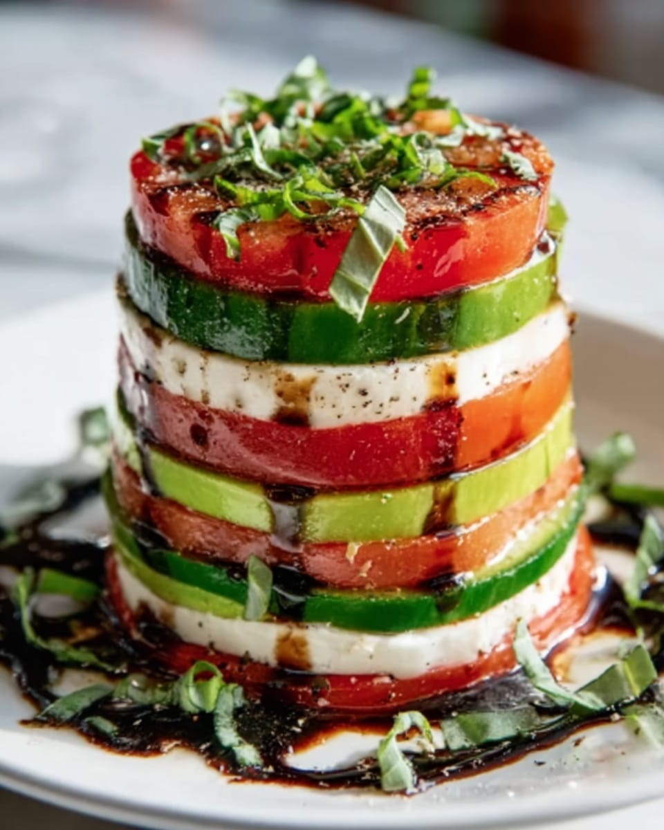 A tall stack with six layers sits on a white plate over a white marbled surface, starting with a thick slice of red tomato at the bottom, followed by a white mozzarella cheese slice, then a green avocado slice, another white mozzarella slice, another green avocado slice, and topped with a thick red tomato slice. The top tomato layer is garnished with thin strips of fresh green basil. The entire stack is drizzled with a dark balsamic glaze and lightly sprinkled with ground black pepper and coarse salt, with some glaze pooling around the base. photo taken with an iphone --ar 4:5 --v 7