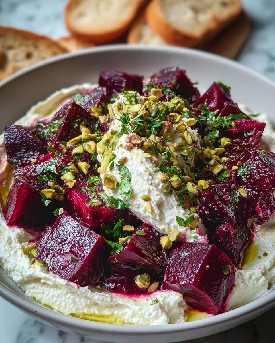 The dish shows a white bowl filled with three main layers: the bottom layer is white creamy cheese spread evenly, the middle layer consists of deep purple beetroot chunks cut into medium-sized cubes spread on top, and the top layer is a small mound of white soft cheese placed in the center. Green chopped pistachios and bright green fresh parsley are sprinkled generously over the cheese and beetroot, adding texture and color contrast. A light drizzle of olive oil shines on the sides, blending with the cheese and beetroot, all set on a white marbled surface. Photo taken with an iphone --ar 4:5 --v 7