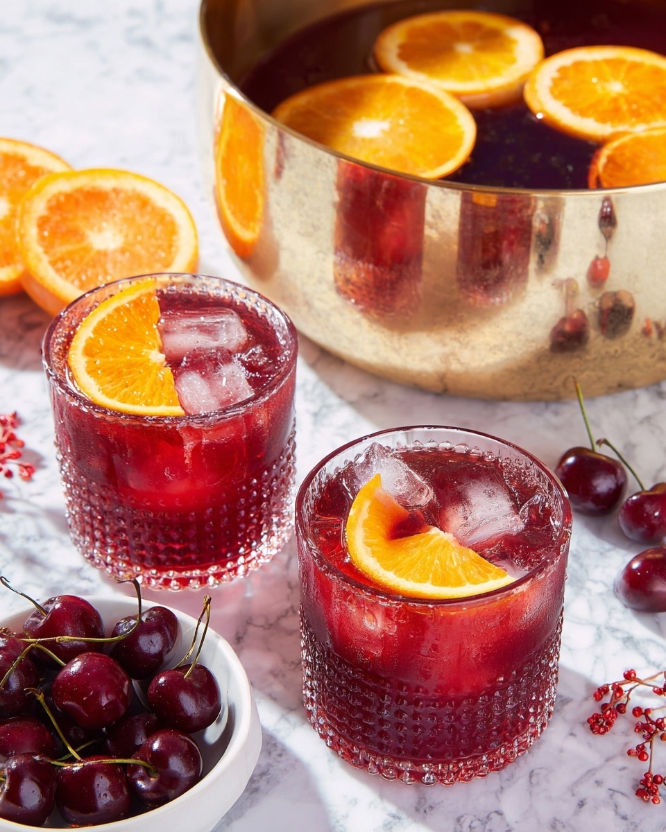 Two clear textured glasses with a deep red drink filled with ice cubes sit on a white marbled surface. Each glass has a floating orange slice on top, showing a bright orange and juicy texture. Around the glasses, there are shiny dark red cherries, some loose and some in a small white bowl. Behind this, a large gold-colored bowl holds a dark red liquid with several orange slices floating on the surface along with small red berries. The setup is bright and fresh with a clean and simple look. photo taken with an iphone --ar 4:5 --v 7