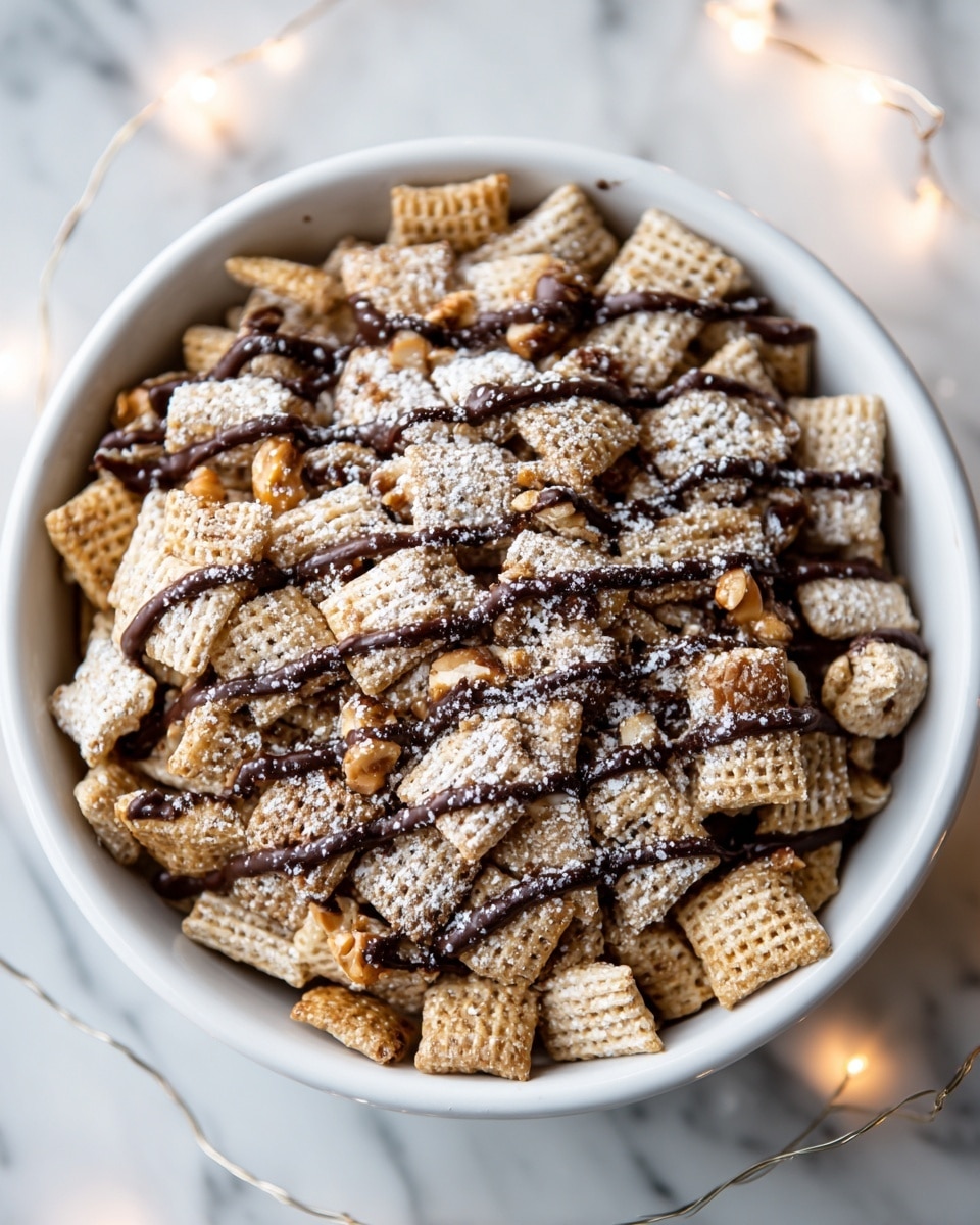 A white bowl filled with a mix of small square and rectangular cereal pieces that are light brown and crispy in texture. The cereal is covered with a light dusting of white powdered sugar and drizzled with dark brown chocolate sauce in thin lines across the top. The bowl is set on a white marbled surface with soft warm string lights surrounding it, adding a cozy feel. Photo taken with an iphone --ar 4:5 --v 7