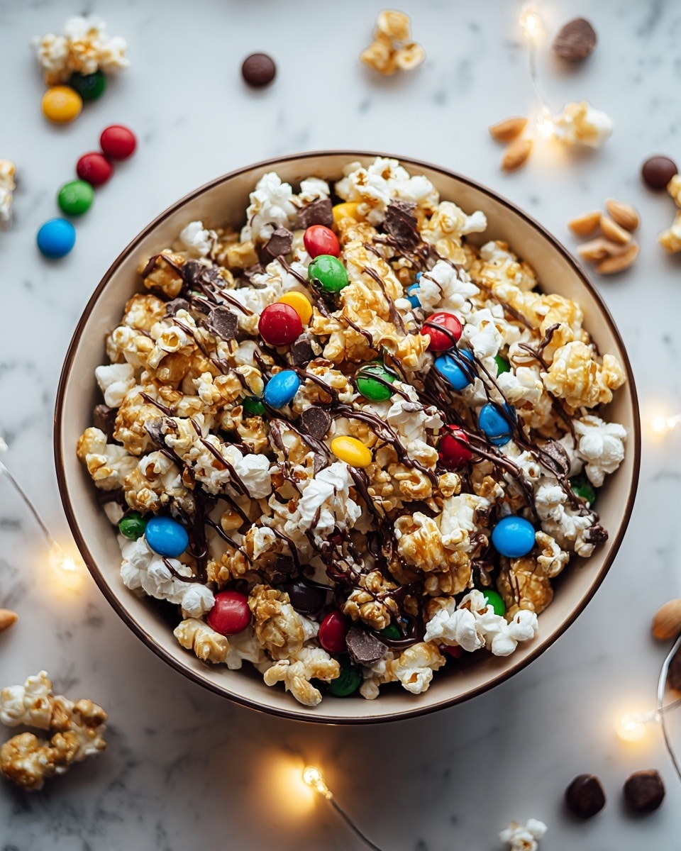 A bowl filled with white popcorn mixed with colorful red, blue, green, and yellow candy-coated chocolates scattered throughout, topped with drizzles of shiny brown chocolate and smooth golden caramel sauce layered over the popcorn, creating a textured and vibrant snack. The bowl is light beige with a dark rim and is set on a white marbled surface, surrounded by scattered nuts and candies, and small warm fairy lights adding a cozy touch. photo taken with an iphone --ar 4:5 --v 7