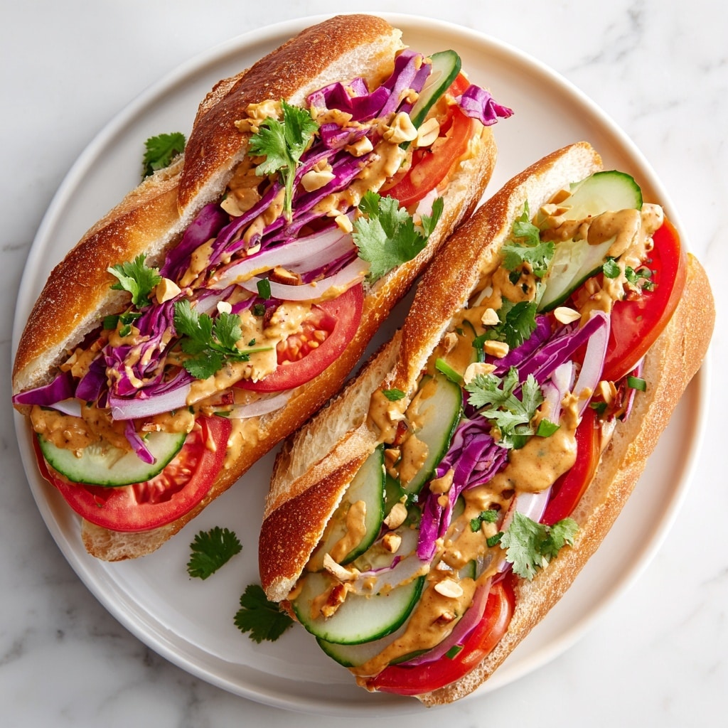 Two fresh sandwiches sit on a white plate with a white marbled background. Each sandwich is made with a golden brown crusty baguette, sliced open to reveal several colorful layers. The bottom layer shows red tomato slices, followed by thinly sliced purple cabbage, then thin cucumber rounds and white onion slices. On top of the vegetables is a creamy tan peanut sauce drizzled unevenly, garnished with bright green cilantro leaves and scattered chopped peanuts. The sandwiches look full, fresh, and inviting. photo taken with an iphone --ar 4:5 --v 7