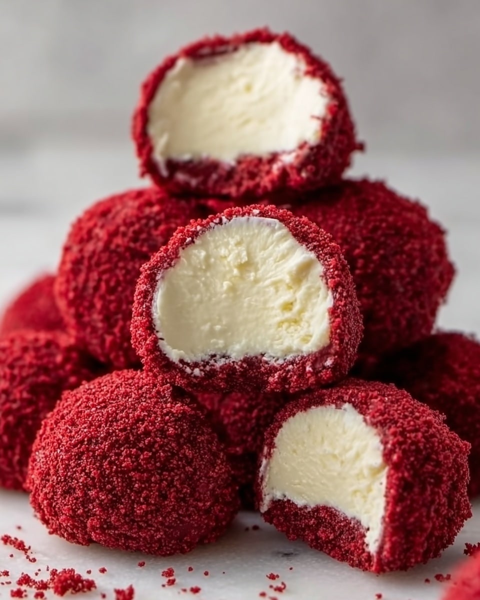 The image shows several red velvet truffles stacked in a small pile on a white marbled surface. Each truffle is round with a rough outer layer coated in bright red crumbs. One truffle is cut in half, revealing three inner layers: a creamy, smooth white filling in the center, surrounded by a thin white layer, and the crumbly, deep red exterior on the outside. The texture of the crumbs looks soft yet crumbly, and the creamy inside looks dense and smooth. photo taken with an iphone --ar 4:5 --v 7