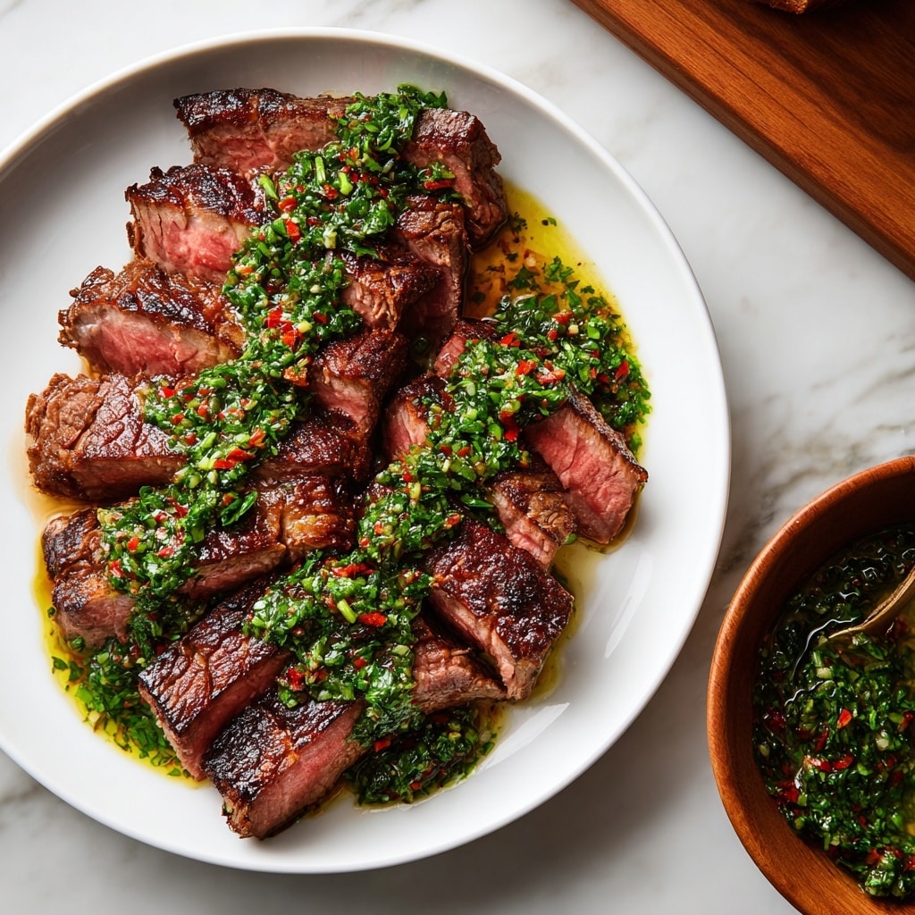 The image shows thin slices of grilled steak arranged in a slightly overlapping layer on a white plate, with the meat cooked to a medium-rare doneness displaying a pink center and charred outer edges. A green chimichurri sauce with visible bits of herbs, chili flakes, and garlic is generously spread across the middle of the steak slices, adding texture and vibrant color contrast. On the side of the plate, a light-colored wooden bowl holds more chimichurri sauce, partially visible in the frame. The setting is on a white marbled surface, giving a clean and bright background. photo taken with an iphone --ar 4:5 --v 7