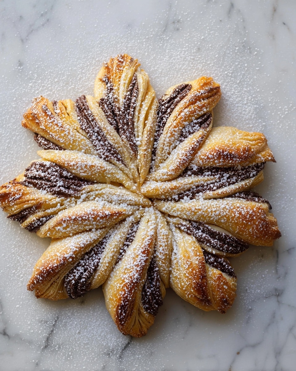 The image shows a star-shaped pastry made of layered golden-brown dough with a chocolate spread twisted between the layers. The pastry has multiple twisted sections forming a flower-like shape with a solid, slightly puffed center. The chocolate filling creates dark brown lines alternating with the light, flaky, and crisp dough. There is a light sprinkle of powdered sugar evenly dusted over the whole pastry, creating a soft white contrast to the golden and dark brown colors. The pastry is placed on a white marbled surface, with a silver tea infuser partially visible in the background. photo taken with an iphone --ar 4:5 --v 7