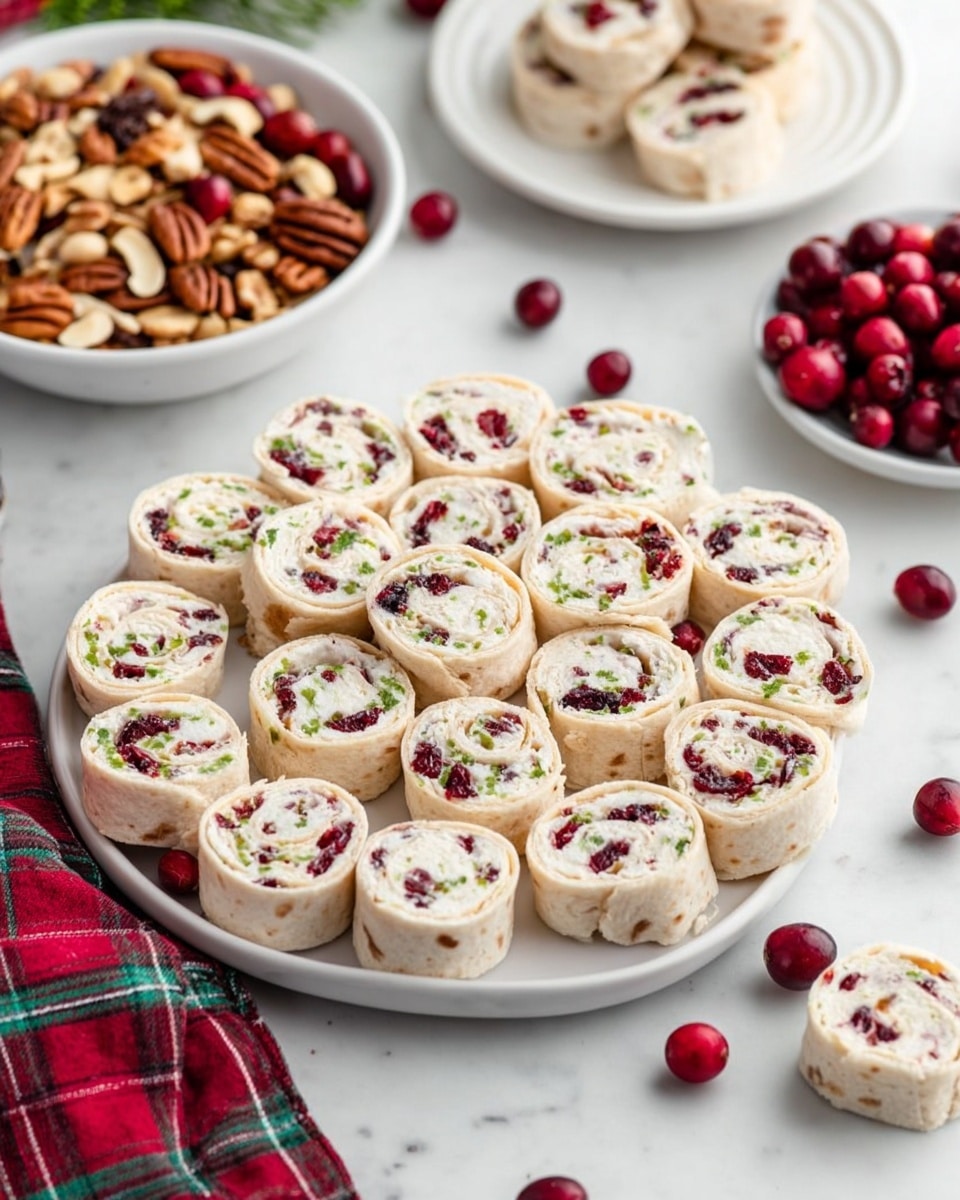 A white plate holds about twenty swirl pinwheel appetizers arranged closely together in a circular pattern. Each pinwheel has two visible layers: a creamy white layer filled with small pieces of red dried cranberries and tiny green herbs, and a light beige outer tortilla wrap. There are some loose pinwheels and scattered cranberries around the plate on a white marbled surface. Behind the plate to the left, there is a white bowl filled with mixed nuts, and to the right, a white bowl full of fresh red cranberries. Towards the back, there are small stacks of similar pinwheels on a white plate. A red and plaid cloth is partially visible in the bottom left corner. The whole scene has soft, natural lighting, photo taken with an iphone --ar 4:5 --v 7