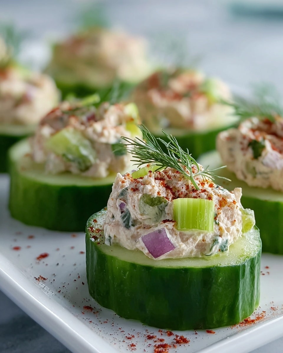 The image shows several thick cucumber slices arranged neatly on a white rectangular plate with a white marbled texture underneath. Each cucumber slice is hollowed out slightly in the center and filled with a creamy mixture that has visible small chunks of green celery and red onion. The creamy filling is topped with a sprinkle of paprika or red spice powder and a small sprig of fresh green dill. The focus is on the front cucumber slice, with the other slices blurred softly in the background, creating a fresh and appetizing look. photo taken with an iphone --ar 4:5 --v 7