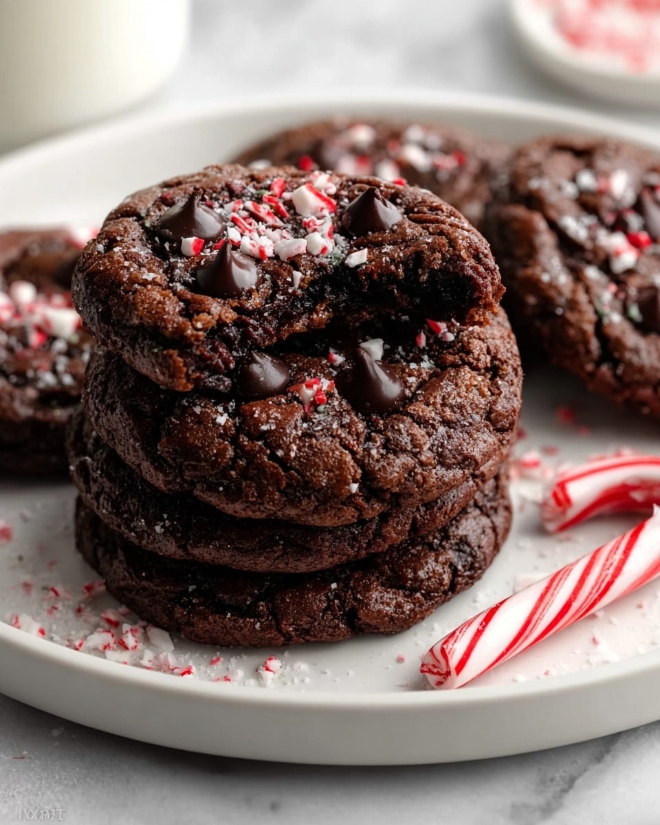 A white rectangular tray full of dark brown chocolate cookies topped with dark chocolate chips and crushed red and white peppermint pieces, with one cookie showing a bite taken out of it revealing a soft, moist inside. The cookies have a slightly cracked texture on top and are tightly stacked, filling the tray. Around the tray on a white marbled surface are scattered crushed peppermint pieces, a small wooden bowl with more crushed peppermint, chocolate chips, and two whole striped red and white candy canes, with part of a beige cloth on the side. Photo taken with an iphone --ar 4:5 --v 7
