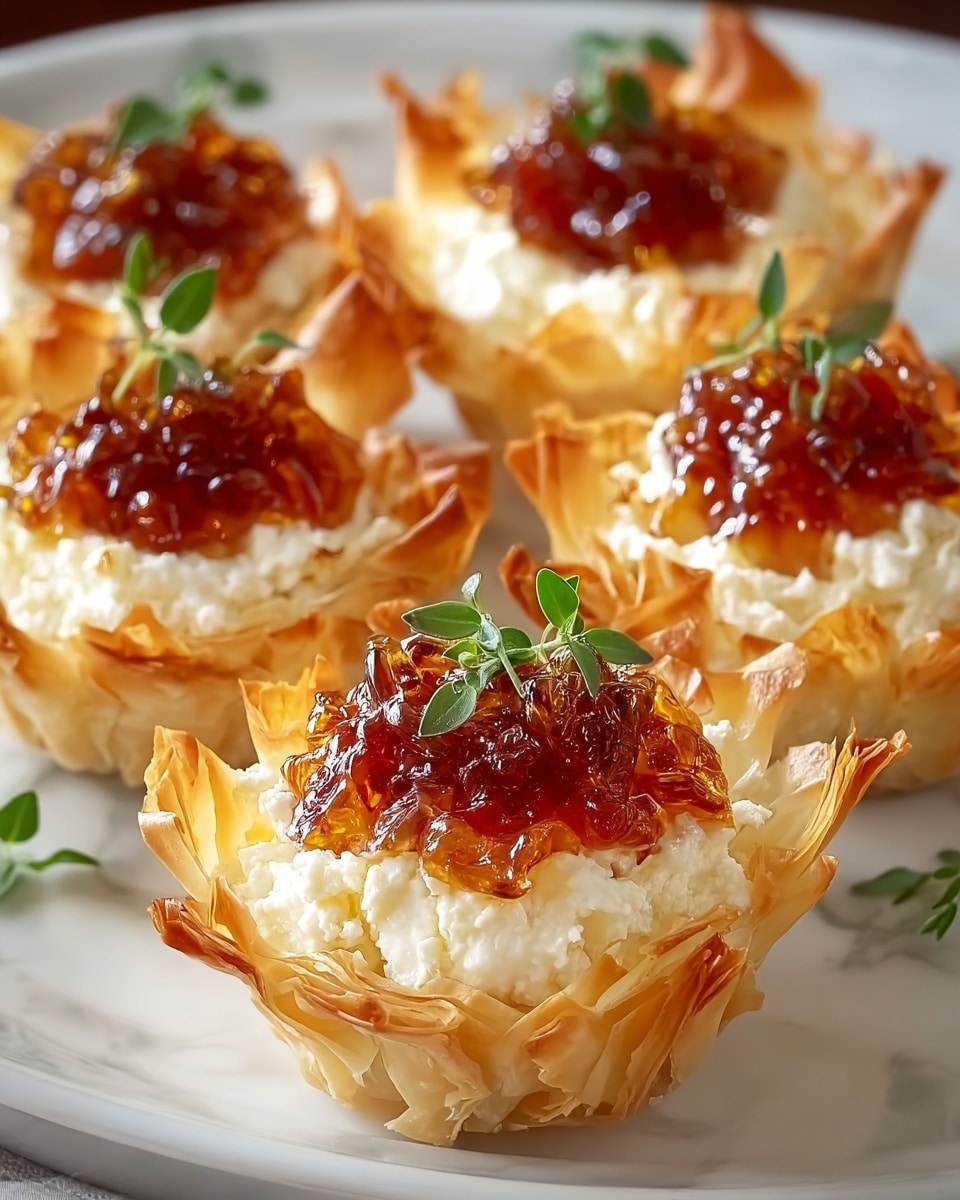 The image shows five small tartlets arranged on a white plate set on a white marbled surface. Each tartlet has three visible layers: a bottom and sides layer of crispy, golden-brown phyllo dough with delicate, flaky edges that open outward like petals; a middle layer of creamy, soft white cheese filling that is thick and smooth; and a top layer of glossy, dark amber-colored jelly or jam with a slightly chunky texture. Each tartlet is garnished with a small sprig of fresh green herb, adding a touch of color and freshness to the warm tones of the tartlet. Photo taken with an iphone --ar 4:5 --v 7