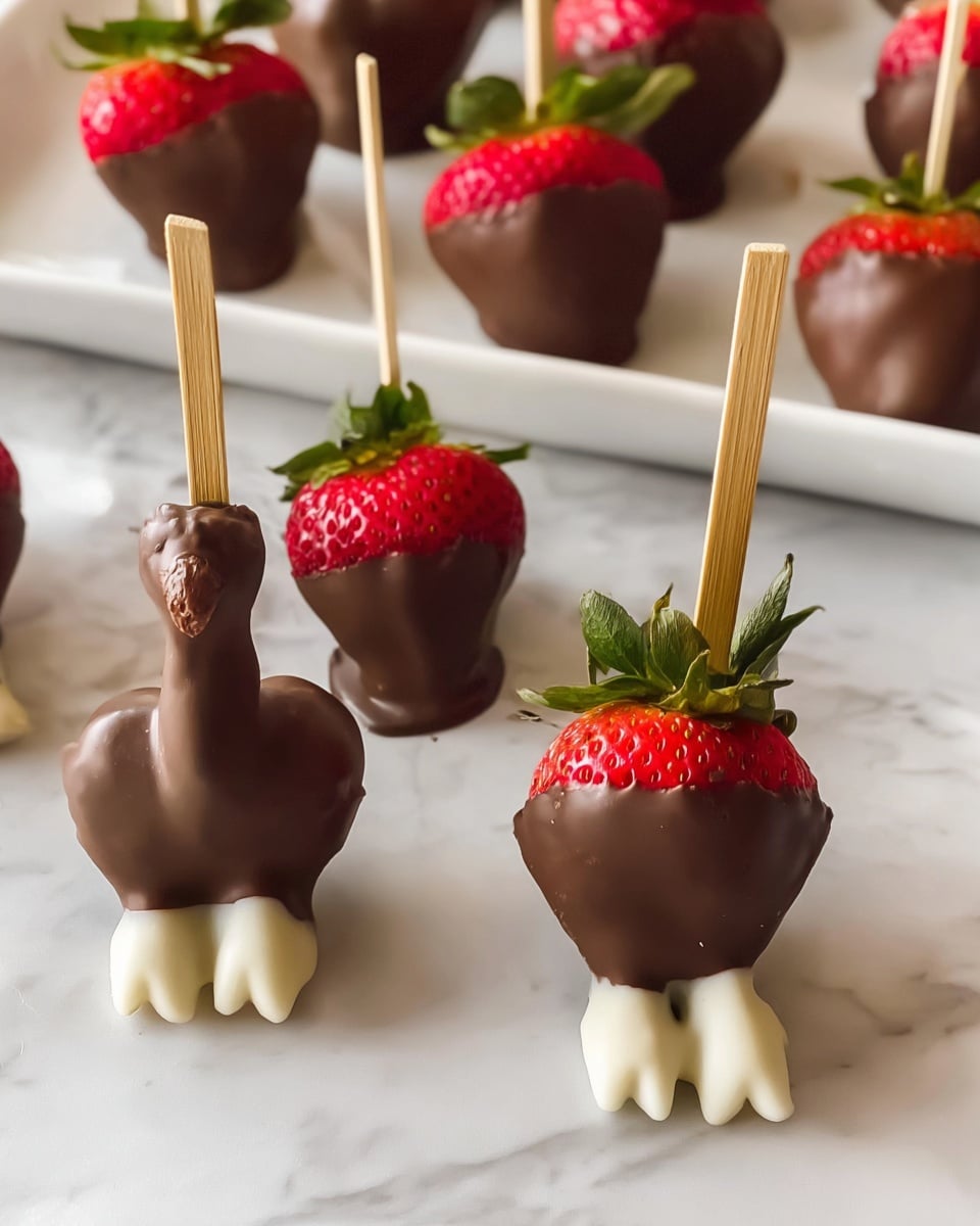 The image shows several strawberries dipped in dark chocolate, shaped to look like small turkeys. Each strawberry forms the red and green top part, with the dark chocolate covering most of the body to create the turkey shape. White chocolate is used to make the turkey feet at the bottom. The strawberries are stuck onto light wooden sticks, standing on a white marbled surface with some placed on a white rectangular plate in the background. The texture of the chocolate is smooth and shiny, contrasting with the bright red strawberry tops and green leaves. Photo taken with an iphone --ar 4:5 --v 7