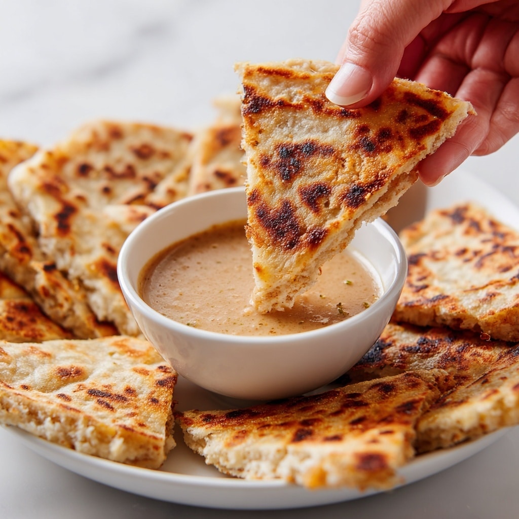 This image shows three triangular quesadilla pieces stacked on a white plate with a dotted rim, placed on a wooden board. Each quesadilla has a golden-brown, slightly crispy outer tortilla layer with some darker charred spots. Inside, there are at least two layers: one with melted orange cheese mixed with bits of grilled onions and peppers, and another with seasoned, browned chicken pieces visible near the bottom edge. The background includes a white marbled texture with another white plate holding an additional quesadilla piece, some green pickles, and a wooden bowl of cooked food. Photo taken with an iphone --ar 4:5 --v 7