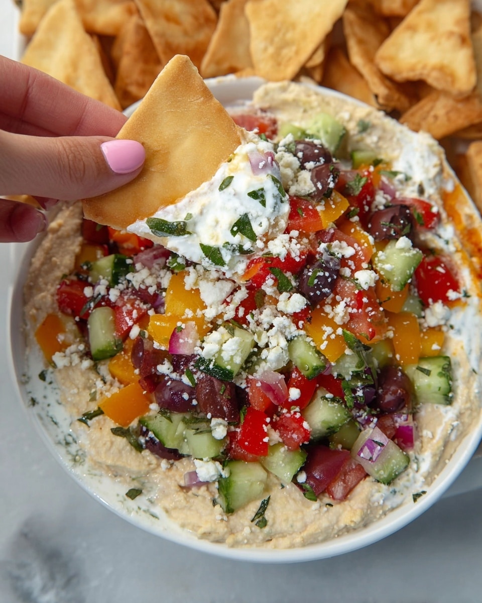 A white bowl contains a dip layered with creamy beige hummus at the bottom, topped with a white yogurt sauce that has green herb specks, then a colorful mix of diced vegetables including red tomatoes, orange bell peppers, green cucumbers, purple olives, and red onions, all sprinkled generously with white crumbled cheese. A woman's hand with light pink nail polish holds a square, golden-brown pita chip loaded with the same dip layers above the bowl. In the background, more pita chips fill another white dish on a white marbled surface. photo taken with an iphone --ar 4:5 --v 7