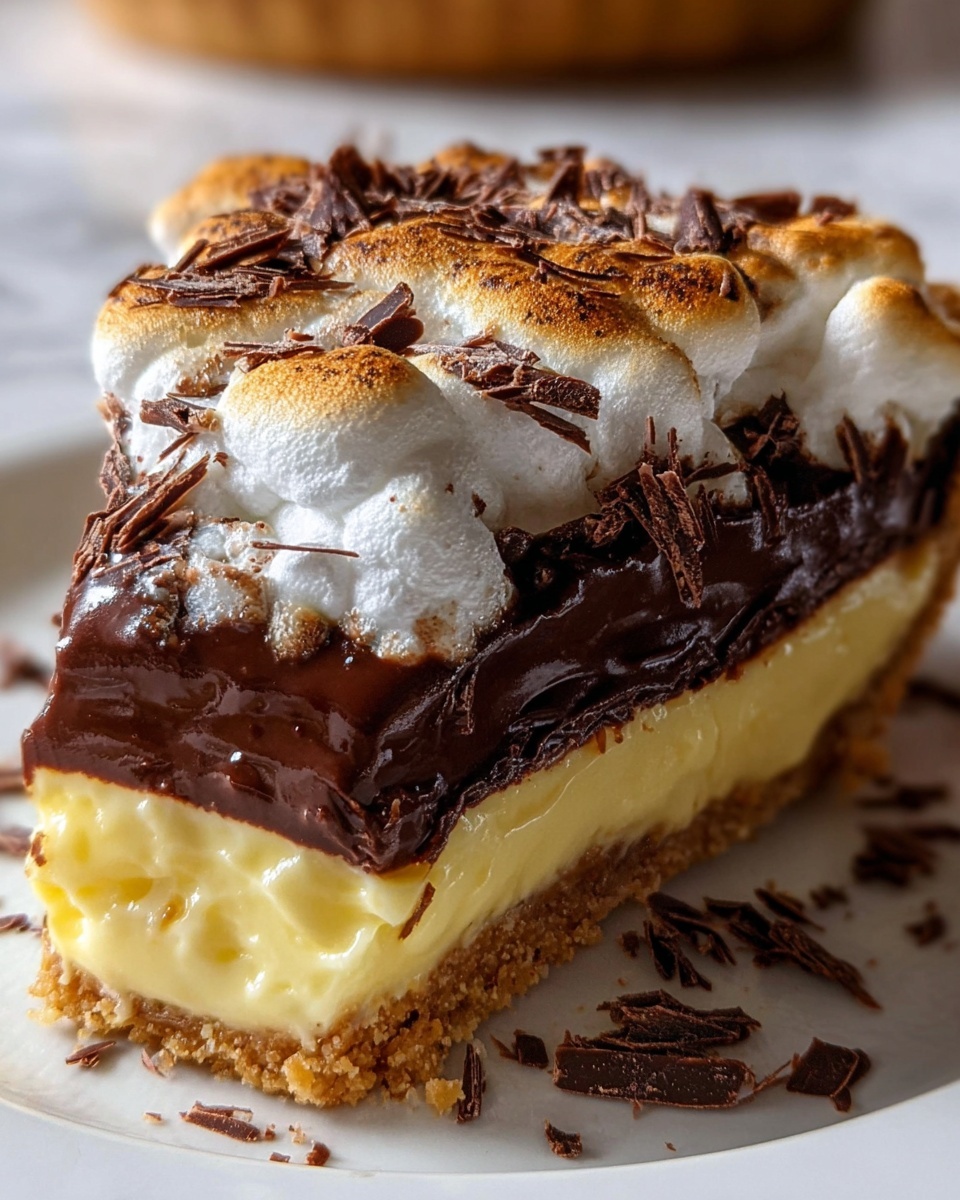 A close-up of a three-layer slice of pie on a white plate against a white marbled texture. The bottom layer is a golden brown crust with a slightly crumbly texture. The middle layer is creamy yellow, smooth and thick like custard. On top is a thick, glossy dark chocolate layer covered with fluffy white toasted marshmallows that have golden brown tips, with scattered thin dark chocolate shavings on both the marshmallows and chocolate layer. Photo taken with an iphone --ar 4:5 --v 7
