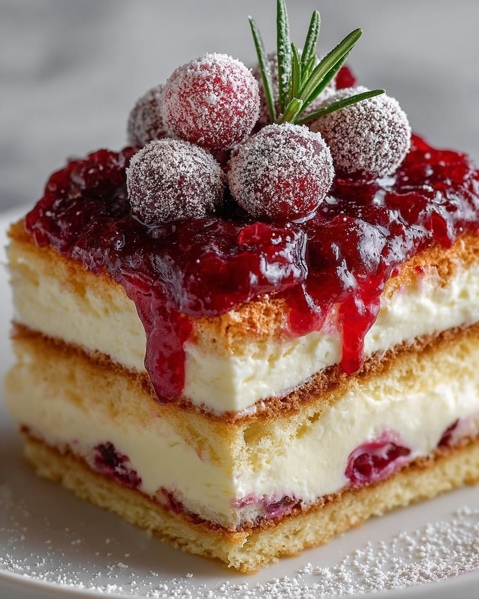 A close-up of a square slice of layered dessert on a white plate, showing three layers: the bottom and middle layers are light brown sponge cake soaked and soft, sandwiched between thick, creamy white custard layers. On top, there is a dark golden brown dusting and a thick spread of bright red berry compote that oozes slightly over the edges, crowned with fresh, round cranberries dusted with powdered sugar and a small sprig of green rosemary. The dessert sits on a white marbled surface. Photo taken with an iphone --ar 4:5 --v 7