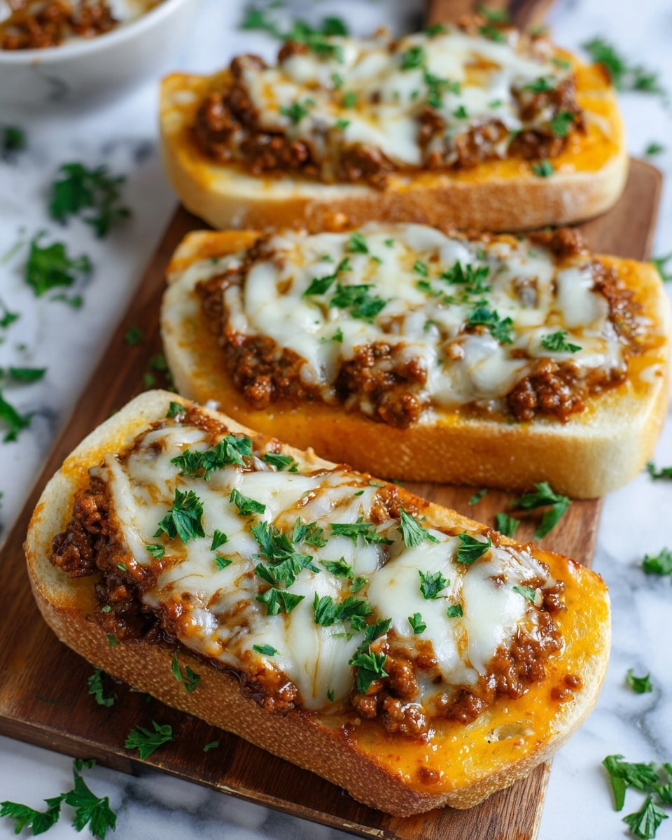 The image shows small sandwich halves made of soft, light brown bread as the base layer. On top, there is a thick layer of cooked ground meat mixed with a reddish-brown sauce, scattered with bits of cooked onion. A layer of melted white cheese covers the meat, blending slightly with the sauce. Green chopped herbs are sprinkled on top for color. The sandwiches are placed on a wooden board with some green herbs around them on a white marbled surface. photo taken with an iphone --ar 4:5 --v 7