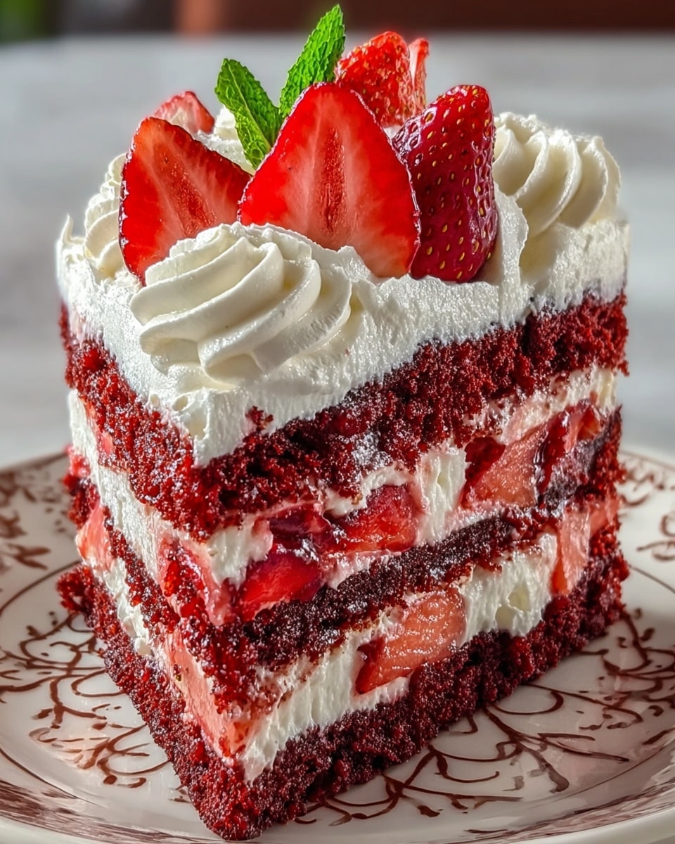 A tall slice of cake with three thick dark red layers of moist sponge, alternated with two layers of creamy white frosting mixed with chunks of red strawberries and strawberry jam. The top has a smooth white cream layer decorated with piped swirls of white whipped cream around the edges and whole and cut bright red strawberries placed on top. There is a dollop of white whipped cream on the side of the cake slice. The cake is placed on a white plate with a brown intricate pattern, set on a white marbled surface. Photo taken with an iphone --ar 4:5 --v 7